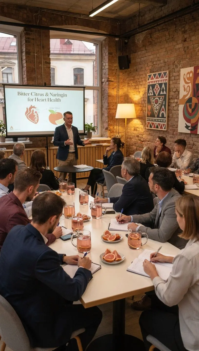 Naringinas, natūralus junginys, padedantis palaikyti normalų kraujospūdį, pavaizduotas puodelyje.