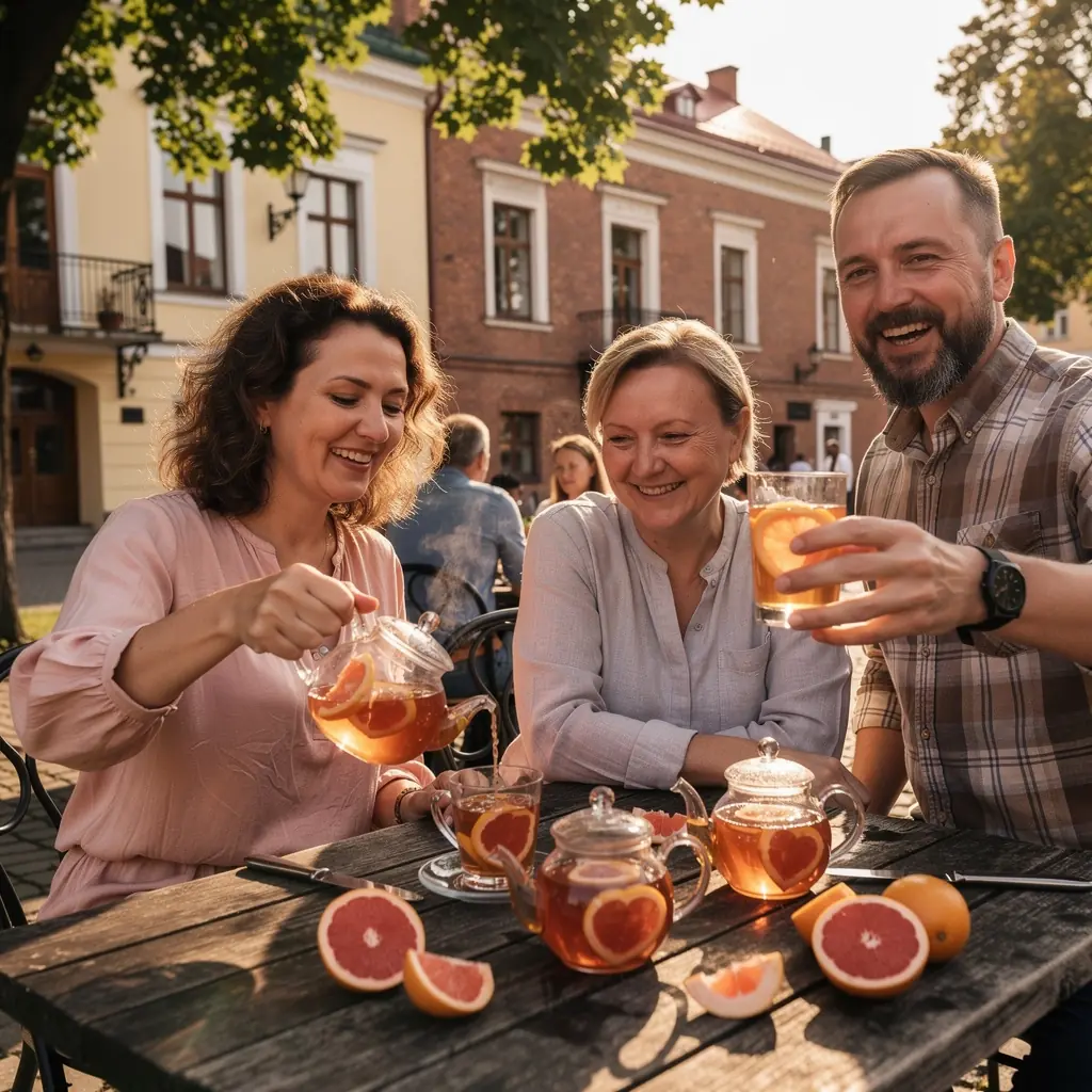 Greipfrutų širdies arbatos puodelis, šviežiai paruošta ir garuojanti.