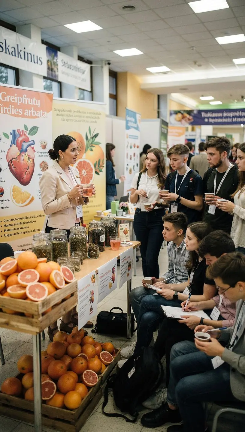 Skani arbatos taurė, papuošta greipfrutų skiltelėmis ir žolelėmis.