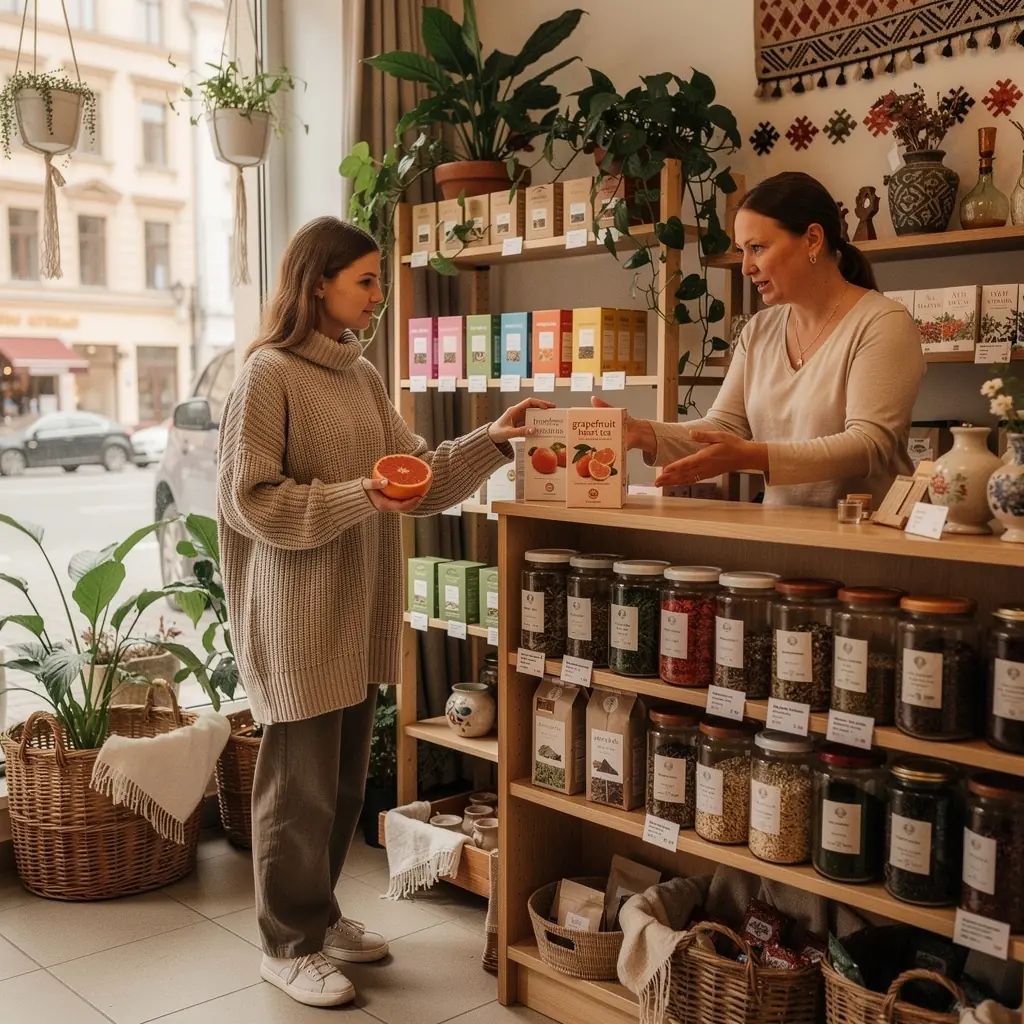 Raminanti arbatos akimirka gamtoje, su žaliais augalais aplink.
