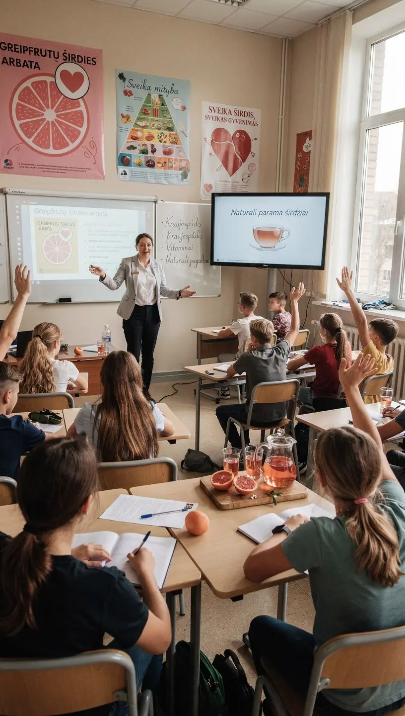 Raudonas greipfrutas puodelyje, supakuotas su šviežiais žolelėmis.