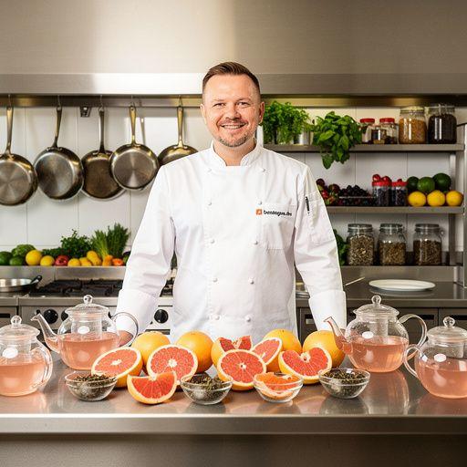 Šiltas greipfrutų širdies arbatos puodelis, aplink jį citrusiniai vaisiai.